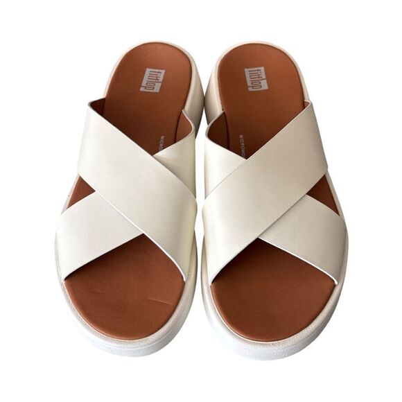Fitflop F-Mode Leather Flatform Cross Slides. Cream - Picture 4 of 10